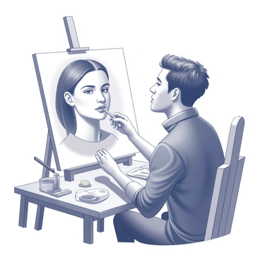 An artist is seated at a wooden easel, deeply focused on painting a self-portrait. The artist, with a thoughtful expression, is closely studying their own facial features reflected in a large, round mirror positioned in front of them. The light casts soft shadows across their face, accentuating the contours and details. The easel holds a canvas that shows the beginning stages of the self-portrait. Paintbrushes and a palette with various shades of paint are placed on a nearby table. The room is filled with artistic tools and sketches scattered around, creating an atmosphere of creative concentration.