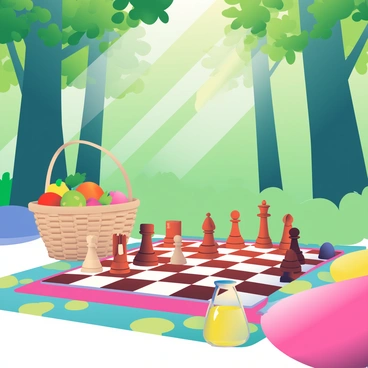 A chessboard is set up on a vibrant, colorful picnic blanket spread out on the ground. The chess pieces are made of polished wood, with intricate details on each piece. Surrounding the blanket, a lush forest filled with tall green trees provides a natural backdrop. Dappled sunlight filters through the leaves, casting gentle shadows on the blanket. Nearby, a woven basket is filled with fresh fruits, and a glass pitcher of lemonade glistens in the sunlight. A couple of colorful cushions are placed around the blanket, inviting relaxation amid the game.