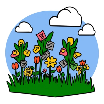 A vibrant garden filled with lush green plants. Each plant is adorned with colorful lottery tickets hanging from its branches, resembling exotic fruit. The garden features a variety of flowers in bright colors, including yellow daisies and red tulips, adding to the lively atmosphere. In the background, a clear blue sky with fluffy white clouds creates a cheerful ambiance. Sunlight illuminates the scene, casting playful shadows on the ground filled with soft grass.