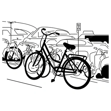 A bicycle tangled among other vehicles in a crowded parking lot