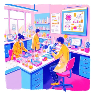 A vaccine lab is filled with advanced equipment and lab benches. Several scientists in lab coats are working diligently. One scientist is at a microscope examining samples, while another is mixing liquids in a beaker. There are computer screens displaying complex data and charts. Shelves are lined with vials and petri dishes. A large poster on the wall illustrates the process of developing DNA-based vaccines, featuring diagrams and key points about the technology. The overall atmosphere is one of focused research and innovation.