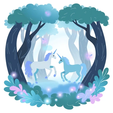 A dense forest filled with tall, ancient trees with thick, twisting trunks. The foliage is vibrant and diverse, with various shades of green and hints of pastel colors creating a dreamy atmosphere. Glowing plants in shades of blue and purple emit a soft luminescence, illuminating the forest floor. Among the trees, mythical creatures such as elegant unicorns with flowing manes and small, winged fairies flit between the glowing flora. The air is filled with a gentle mist that meanders through the scene, enhancing the mystical quality of the environment.