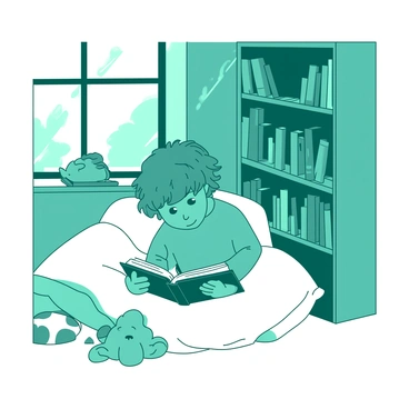 A teal child with tousled hair is curled up in a white reading nook, nestled among fluffy white cushions. The nook is filled with tall bookshelves, which are overflowing with colorful books. Sunlight streams through a nearby window, casting soft shadows across the cozy space. The child holds an open teal book in their lap, with a small smile on their face as they read. Scattered around the cushions are a few plush toys, enhancing the inviting atmosphere of the nook.