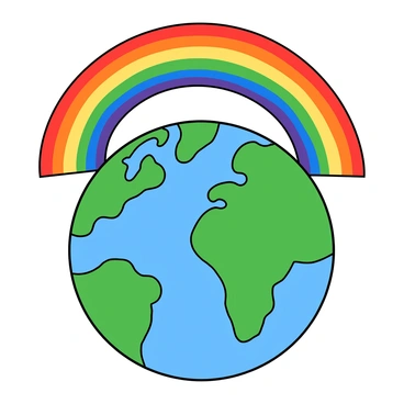 A simple Earth depicted as a round globe with blue oceans and green continents. A vibrant rainbow arches gracefully over the globe, displaying its seven distinct colors in a smooth, flowing curve. The globe is set against a plain white background, emphasizing the bright colors of the rainbow and the simplicity of the Earth itself. The Earth's surface features stylized details such as fluffy white clouds above the oceans.