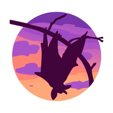 A black silhouette of a bat is hanging upside down from a brown tree branch. The bat's wings are partially spread, showcasing its distinct shape. In the background, a vibrant sunset sky displays gradients of orange and purple hues blending together. Wispy clouds are scattered across the sky, reflecting the colors of the setting sun. The tree branch is silhouetted against the light, emphasizing the bat's form in the tranquil scene.
