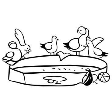 Seagulls humorously gathered around a pool as if planning to take a dip
