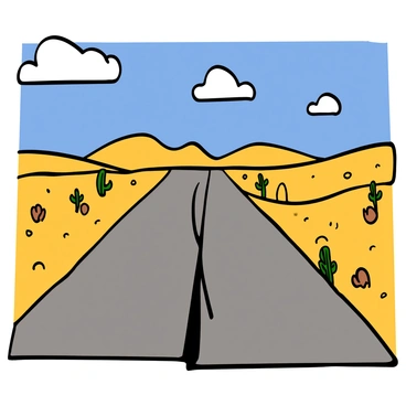 A vast desert landscape featuring a long, empty road stretching into the distance. The road has a prominent crack running down the middle, forming a jagged line. The surrounding area is filled with golden sand dunes under a bright blue sky dotted with a few fluffy white clouds. Sparse vegetation, such as cacti and dry bushes, can be seen along the sides of the road, emphasizing the arid environment. The sun is shining brightly, casting sharp shadows on the cracked pavement.