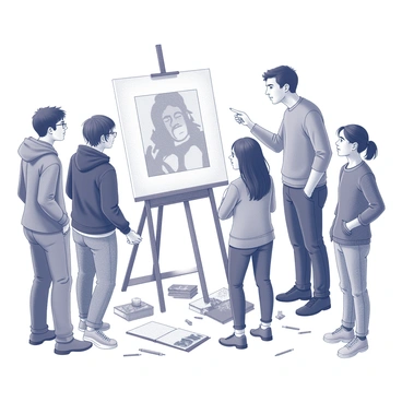 A group of students stands closely together, focused on a large artwork displayed on an easel. Each student has a different expression, ranging from curiosity to thoughtful contemplation. The professor, standing beside them, gestures towards the artwork with one hand while the other hand rests on their chin, indicating a moment of critical observation. The setting is an art studio filled with various tools and supplies, enhancing the creative atmosphere. Sketchbooks and pencils are scattered around, showing the students' engagement with their own artistic processes.