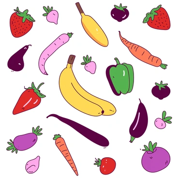 A light background features a repeating pattern of various fruits and vegetables. The pattern includes vibrant red strawberries, bright yellow bananas, deep green bell peppers, and orange carrots. There are purple eggplants and pink radishes interspersed throughout the design. Each fruit and vegetable is depicted with fine details, showcasing their textures and shapes in a lively arrangement.