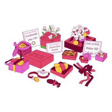 A white table is covered with an assortment of unique Indian wedding favors. There are small decorative boxes in various shapes and sizes, each intricately designed with colorful patterns. Personalized gifts are placed alongside the boxes, featuring names and dates beautifully engraved on them. Some favors are adorned with vibrant ribbons, while others have delicate floral arrangements. The arrangement showcases a blend of traditional and contemporary styles, creating an inviting display of culture and celebration.