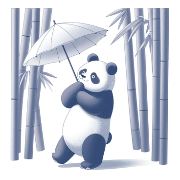 A panda walking on its hind legs through a dense bamboo grove. The panda is gripping a delicate parasol with its front paws, the fabric of the parasol slightly opened. Tall bamboo stalks surround the panda, creating a lush, green backdrop. The panda has a curious expression as it moves gracefully among the bamboo, with a few leaves gently rustling in the breeze. Soft sunlight filters through the bamboo, creating dappled shadows on the ground beneath the panda's feet.