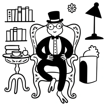 A dapper frog wearing a "top hat" and "monocle" is seated on an ornate "Victorian chair" with intricate carvings. The chair features curved legs and a high back, embellished with floral patterns. The frog sits upright with its legs crossed elegantly, showcasing its polished demeanor. A small, round table is placed beside the chair, holding a tiny "tea cup" and "saucer." The background includes delicate details of a "Victorian room," such as bookshelves filled with books and a vintage lamp casting soft light.