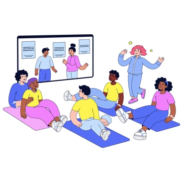 A group of five participants is following a virtual instructor displayed on a large screen. Each participant is performing heel slides while seated on exercise mats. The participants are of diverse backgrounds, with different hair colors and styles, and they are wearing comfortable workout clothing. The virtual instructor is leading the class with a friendly expression, demonstrating the heel slide exercise with a clear posture. The setting is a brightly lit room with motivational posters on the walls.