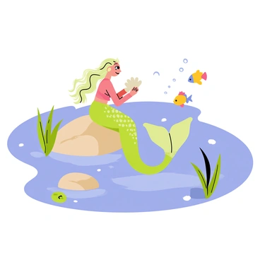 A tranquil lagoon with clear blue water reflecting the sky. A mermaid with long flowing hair sits on a smooth rock at the water's edge, holding a shell-shaped comb. Her shimmering tail is adorned with scales that catch the light. Colorful fish, including a yellow clownfish and a blue tang, swim playfully around her, creating bubbles in the water. Lush green plants and small rocks are visible at the bottom of the lagoon, adding to the vibrant underwater scene.
