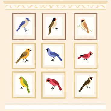An array of vintage bird illustrations framed in ornate wooden frames. The frames vary in color, including dark brown, gold, and cream. Each illustration features different species of birds, such as a blue jay, a cardinal, and a goldfinch, depicted in natural postures with detailed feather textures. The illustrations are arranged in a grid pattern on a soft pastel-colored wall. Above the frames, a decorative molding adds an elegant touch.
