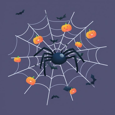 A spider with a shiny black body and long, delicate legs is meticulously weaving a web in the center of the image. The web is intricately designed, stretching across a dark background. Tiny, vibrant orange pumpkins are scattered throughout the web, each wearing a small, carved face. Small, black bats with outstretched wings are also nestled among the strands of the web, adding to the Halloween theme. The spider is positioned prominently, with a few strands of silk glistening in the light, highlighting its craftsmanship and the festive decorations surrounding it.