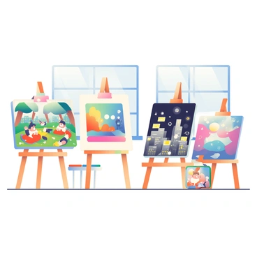 A bright studio space is filled with several easels, each showcasing a different illustration. On the first easel, a whimsical children's illustration features a colorful forest with cartoon animals playing. The second easel displays a dramatic black and white illustration of a city skyline at night, illuminated by glowing windows. Nearby, a vibrant abstract piece bursts with swirling colors and geometric shapes, capturing a sense of movement. In one corner, a soft watercolor painting depicts a tranquil landscape of rolling hills under a sunrise, with delicate brushstrokes blending seamlessly. Each illustration is framed and accompanied by labels describing their themes and techniques. The studio has large windows allowing natural light to illuminate the artworks, creating a lively and inspiring atmosphere.