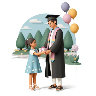 A young girl, wearing a light blue dress with white flowers and white sandals, is standing in front of her best friend. The best friend, dressed in a black graduation gown with a colorful sash and a cap, is smiling widely. The girl is handing over a beautifully wrapped gift box tied with a vibrant ribbon. They are both in a sunny park, surrounded by green trees and blooming flowers, with a few graduation balloons floating nearby. The atmosphere is joyful, reflecting their friendship and the special occasion.