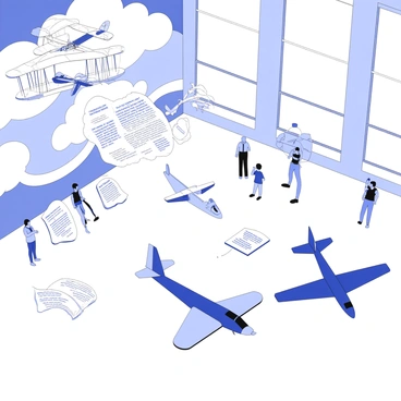 An aviation museum interior features a variety of aircraft models suspended from the ceiling and displayed on the floor. There is a vintage biplane with a wire-frame structure, alongside a sleek, modern jet with a streamlined fuselage and advanced wing design. Various informative plaques accompany each aircraft, detailing specifications and historical significance. The museum walls display large murals of clouds and airfields, while visitors walk around, some taking photographs. Natural light streams through large windows, illuminating the exhibits.