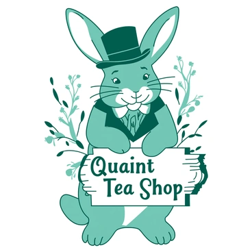 A teal Victorian rabbit is standing upright, wearing a small top hat and a waistcoat adorned with intricate floral patterns. In its paws, the rabbit holds a white wooden sign with elegant lettering that reads "Quaint Tea Shop." The background features soft floral embellishments in a delicate design, enhancing the charming atmosphere of the scene. The rabbit's expression is inviting and friendly, making the tea shop seem welcoming to passersby.