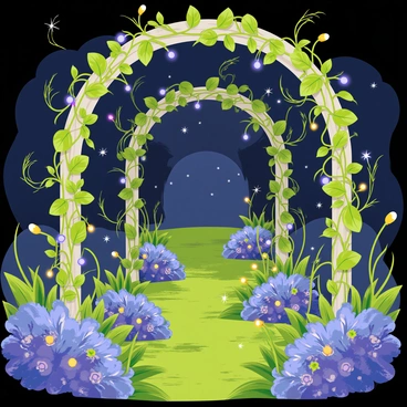 A mystical garden filled with lush green vines, each vine adorned with vibrant hydrapples that glisten under the moonlight. The hydrapples have a rich, jewel-like appearance, with shades of deep blue and purple, reflecting the silvery light. Soft, glowing flowers bloom throughout the garden, creating a magical atmosphere. The ground is covered in thick, emerald grass, and small, twinkling lights hover above, resembling fireflies. In the background, an ornate wooden archway entwined with shimmering vines leads deeper into the enchanted space.