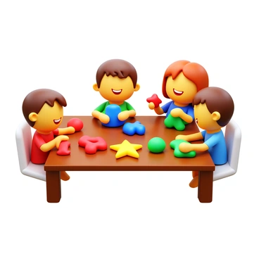 A group of children engaged in molding colorful clay into various shapes at a wooden table. The table is covered with a variety of clay colors including bright red, blue, yellow, and green. Each child has several pieces of clay in front of them, and they are focused on shaping their creations. One child is forming a star, while another is creating a small animal. The children are smiling and sharing their ideas with each other, showcasing a lively atmosphere of creativity and collaboration.