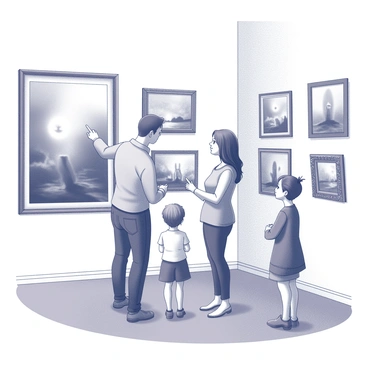 A family is standing in an art gallery. The parents are positioned on either side of two children, all of them looking at a large painting displayed on the wall. The father is pointing at the artwork, while the mother is leaning slightly forward, engaged in conversation. The eldest child has a thoughtful expression, with arms crossed, contemplating the piece. The younger child is gazing upwards, with wide eyes, as if in awe of the colors. Several paintings in ornate frames are visible in the background, with varying sizes and themes. The gallery has a polished wooden floor and soft lighting, creating a focused atmosphere for viewing the artwork.