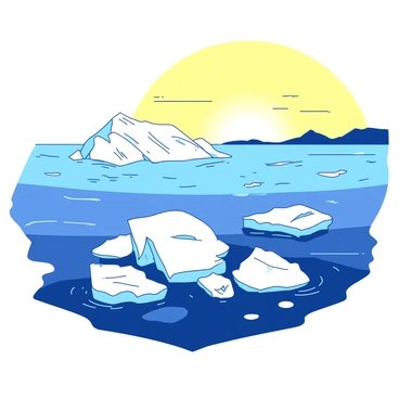 A duotone illustration depicts "melting icebergs" drifting in a vast ocean, with patches of "dark blue" waters reflecting the sunlight. The icebergs are fragmented, showing jagged edges, and some pieces are submerged, creating a sense of urgency about their disappearance. In the background, the sky is a gradient of "light yellow" hues, suggesting an intense heat rising from the horizon, indicating "rising temperatures." Small waves lap against the icebergs, and in the distance, a faint silhouette of land can be seen, hinting at the impact of global warming.
