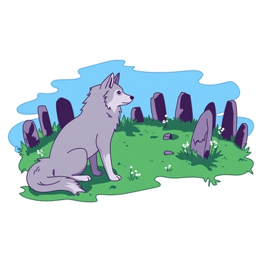 A grey wolf sits attentively on a patch of grass near an ancient medieval stone circle. The wolf's ears are perked up, capturing the whispers that seem to emanate from the moss-covered stones arranged in a circular formation. Surrounding the stone circle, there are patches of vibrant green grass and wildflowers. The sky above is a deep blue, adding contrast to the scene. The wolf's gaze is focused on the stones, as if it is absorbing their secrets and stories, creating a mystical atmosphere.