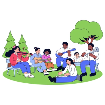 A diverse group of musicians is performing together in a green park. There is a woman playing a bright red violin, her hair flowing in the breeze. A man with a blue guitar strums energetically beside her. Another musician, a girl with curly hair, is tapping a pair of wooden bongo drums. A tall man in a white shirt plays a shiny silver trumpet, and a woman with glasses is seated on the grass, softly playing a keyboard. Around them, there are trees providing shade and a few people sitting on benches, enjoying the music.