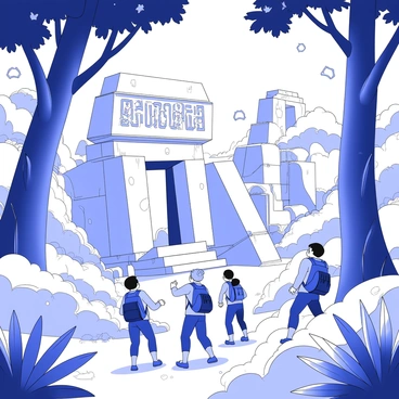 A group of explorers is navigating through a dense jungle, surrounded by towering trees and thick foliage. They are carefully making their way towards ancient ruins, partially obscured by vines and moss. The ruins consist of stone structures with worn carvings and intricate details, suggesting a long-lost civilization. The explorers are equipped with backpacks and gear, and they are examining the surroundings with a mixture of awe and curiosity. Sunlight filters through the canopy above, creating dappled light on the forest floor.