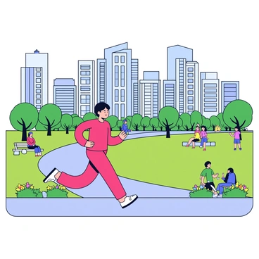 A jogger wearing a bright red jogging outfit is running on a paved path through a bustling city park. The park is filled with green grass and scattered trees. In the background, tall skyscrapers dominate the skyline, their glass windows reflecting sunlight. People can be seen walking on the paths, and a few are sitting on benches enjoying the view. The jogger has an focused expression, and there are colorful flowers blooming along the path.