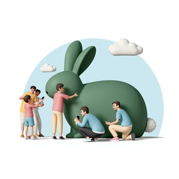 A large, creatively sculpted hedge shaped like a playful rabbit, meticulously trimmed to emphasize its ears and fluffy tail. The hedge is vibrant green, with well-defined features that resemble the texture of fur. Surrounding the hedge, a group of six curious visitors, varying in age and ethnicity, are observing it with expressions of wonder. One child, wearing a red t-shirt and denim shorts, points excitedly at the rabbit, while an adult, dressed in a blue shirt and beige pants, kneels beside them, taking a photo with a smartphone. Nearby, two teenagers stand closely together, laughing and discussing the intricacies of the hedge's design. In the background, a clear blue sky and a few fluffy white clouds add to the cheerful atmosphere.