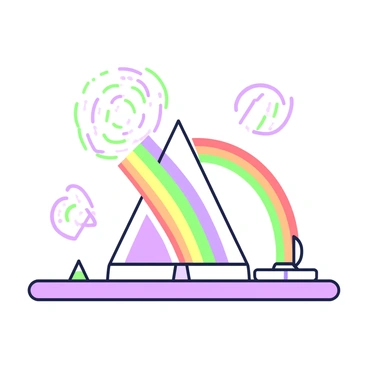 A prism sits on a flat surface, with light shining through it, creating a rainbow effect. The rainbow arcs gracefully across the image, displaying a spectrum of colors as it refracts through the prism. Surrounding the prism, there are subtle indications of a magnetic field, represented by lines or curves that suggest the presence of magnetic forces. The background is simple, allowing the focus to remain on the prism and the rainbow it generates.
