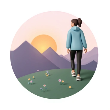 A woman, wearing a light blue hiking jacket, black leggings, and sturdy hiking boots, is climbing up a grassy hilltop. Her long brown hair is tied back in a ponytail. She pauses to admire the vibrant sunset view over the mountains, which are silhouetted against the orange and purple hues of the sky. In the foreground, there are wildflowers scattered across the hill, adding color to the scene. The woman's face reflects a sense of wonder as she gazes at the expansive landscape.