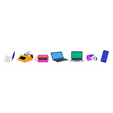 A horizontal timeline featuring the evolution of communication methods. On the far left, a vintage quill and parchment represent the era of handwritten letters. Next is a classic typewriter, showcasing the transition to mechanized writing. Following that, a rotary telephone symbolizes the rise of voice communication. Then, a compact disc and cassette tape indicate the introduction of recorded messages. In the center, a laptop computer represents early digital communication. After that, a tablet illustrates advancements in portable technology. Finally, on the far right, a sleek smartphone signifies the latest innovation in communication. Each item is labeled with its corresponding time period to highlight the progression.