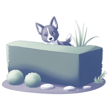 A playful dog with a shiny coat is peeking out from behind a neatly trimmed hedge in a garden. The hedge is perfectly shaped, forming a dense green wall that creates a clear contrast with the dog's fur. The dog's ears are perked up, and it has a curious expression, its eyes wide and alert. The garden is filled with well-maintained plants, adding to the vibrant atmosphere of the scene. The ground is neatly landscaped, with a few stepping stones visible near the hedge.