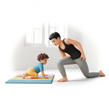 A toddler, wearing a blue t-shirt and yellow shorts, is on a colorful play mat, trying to imitate push-ups. The toddler has curly brown hair and a focused expression. Next to the toddler, a parent, wearing a black tank top and gray leggings, is doing push-ups with a strong posture. The parent has short black hair and is looking down at the toddler with a smile, encouraging them. Sunlight streams through a nearby window, illuminating the scene.