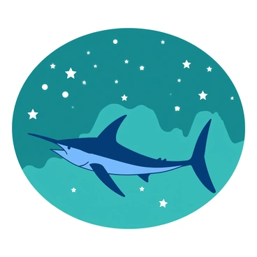 A blue marlin is gracefully swimming through a teal night sky. The marlin is depicted with its elongated body and sharp dorsal fin, creating a dynamic sense of movement. Surrounding the marlin, numerous white stars twinkle against the deep backdrop of the sky, enhancing the sense of a cosmic ocean. The contrast of the blue marlin against the teal sky and white stars creates a visually striking scene.