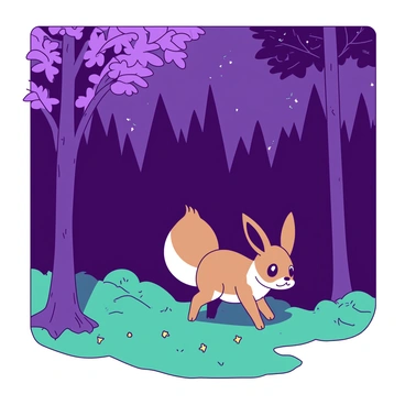 A brown Eevee is wandering through a dense forest filled with tall trees. The trees have glowing leaves in twilight hues of purple and teal. The ground is covered with soft green moss and scattered twinkling fireflies. The Eevee is curiously looking around, its ears perked up, as it explores the magical environment. In the background, the sky fades to darker shades, enhancing the glow of the trees.