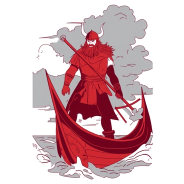 A red Viking warrior with a horned helmet is standing confidently on the prow of a ship. He grips a large silver axe tightly in his right hand, raised slightly to the side, ready for battle. The ship's prow is intricately carved with Norse designs, and the ocean waves crash against the sides. The warrior's long, braided hair flows in the wind, and he wears a leather tunic with fur accents. The sky above is filled with grey clouds, hinting at an approaching storm, while a hint of sunlight breaks through, illuminating the warrior's determined expression.
