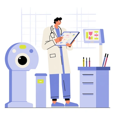 A doctor wearing a white lab coat and blue scrubs is standing in a modern medical facility. The doctor is using a sleek, futuristic touchscreen tablet displaying various medical charts and data. Surrounding the doctor are advanced medical machines, including an MRI scanner and a digital monitoring system with colorful screens. Various medical tools like syringes and stethoscopes are neatly arranged on a nearby counter. The background features bright lighting and large windows, giving a sense of a clean, high-tech healthcare environment.