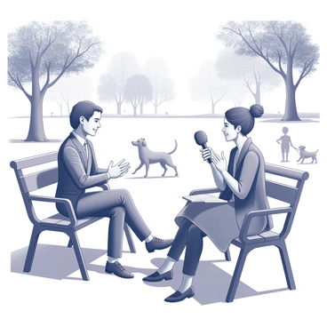 A journalist is seated on a bench in a sunny park, holding a microphone in front of a satisfied customer. The customer is smiling, expressing their positive experience, and gesturing with their hands to emphasize their points. Surrounding them are trees, providing shade and creating a peaceful atmosphere. In the background, there are people walking dogs and children playing, adding to the lively ambiance of the park. The sunlight casts distinct shadows, highlighting the features of both the journalist and the customer as they engage in the interview.