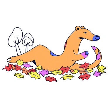 An anteater with a long snout and a distinctive elongated body is playfully rolling in a colorful pile of autumn leaves. The leaves are various shades of orange, red, and yellow, creating a vibrant scene. The anteater has a curious expression as it interacts with the leaves, which scatter around it. The background features a few abstract trees with simplified shapes, emphasizing the autumn setting in a park.