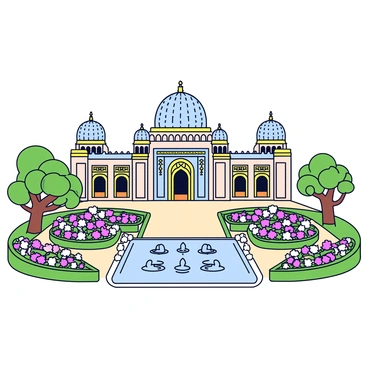 A grand Sultan's palace with intricate architectural details and large domes. The palace is adorned with ornate patterns and golden accents. Surrounding the palace are lush gardens filled with vibrant flowers in various colors. There are several fountains with clear, sparkling water, and the sound of water splashing can be imagined. Pathways lined with neatly trimmed hedges lead through the gardens, inviting visitors to explore the beauty of the surroundings.
