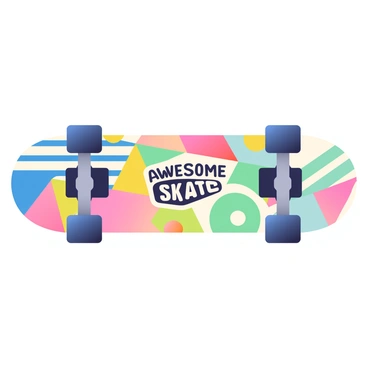 A retro-styled skateboard is positioned horizontally, showcasing its unique design. The skateboard features a vibrant surface adorned with colorful geometric patterns, including triangles, circles, and stripes in various shades of blue, pink, yellow, and green. The wheels of the skateboard are black, contrasting against the bright design. At the center of the skateboard, there is a prominent logo, which includes the words "Awesome Skate" in bold, playful font. The overall appearance of the skateboard is dynamic and eye-catching, inviting attention with its lively colors and patterns.
