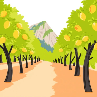 A lush lemon grove in Capri featuring numerous trees with green leaves, each heavy with "bright yellow lemons." The trunks of the trees are sturdy and textured, providing a sense of abundance. In the background, a majestic mountain rises, its rocky surface partially covered in greenery. The sky is clear, allowing sunlight to cast warm, inviting shadows on the grove. Rich earth tones on the ground contrast with the vibrant green of the leaves and the bright yellow of the lemons, creating a harmonious scene.