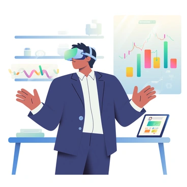 A broker with short black hair is wearing a sleek virtual reality headset, fully immersed in an interactive digital environment. He is dressed in a tailored navy blue suit with a crisp white shirt, and his hands are outstretched, manipulating floating holographic stock market data represented by colorful graphs and numbers. To his right, a large digital display showcases a dynamic stock chart with fluctuating lines. In the background, the office is modern, with minimalistic furniture and soft ambient lighting. A nearby desk holds a tablet displaying additional financial information.