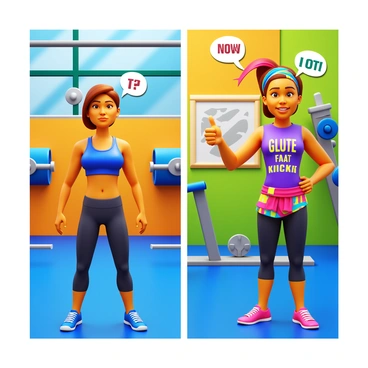 A comic strip featuring a character with a determined expression, practicing glute kickbacks in a bright and colorful gym. The character is wearing workout gear, including a tank top and leggings, while executing the exercise with proper form. Next to the character stands a quirky trainer with a big smile, wearing a colorful headband and an eccentric outfit, enthusiastically demonstrating the movement with exaggerated actions. In the background, there are gym equipment and motivational posters on the walls. The first panel shows the character looking puzzled, the second panel shows them trying the exercise, and the final panel captures the trainer giving a thumbs up.