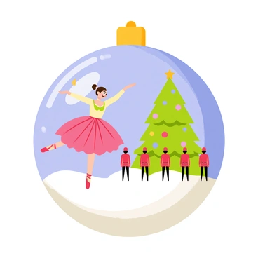 A round Christmas ball with a glossy surface reflecting a vibrant scene from a Nutcracker ballet performance. The ball features prominently a ballerina in a flowing pink tutu, gracefully leaping in the air. Surrounding her are toy soldiers in bright red uniforms, standing at attention. The background showcases a festive Christmas tree adorned with colorful ornaments, and a snowy scene fills the lower part of the ball, creating a magical winter atmosphere.